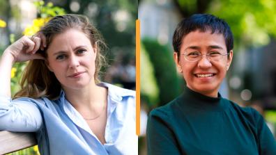 Portraits of Camille François (left) and Maria Ressa, who will lead a new independent innovation lab at IGP on artificial intelligence and democracy..