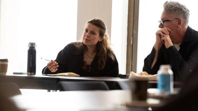 Luisa Neubauer (left) and Adam Tooze (right) speak with Columbia students