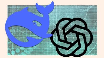 A montage of the DeepSeek logo and the OpenAI ChatGPT logo on a digital tech background