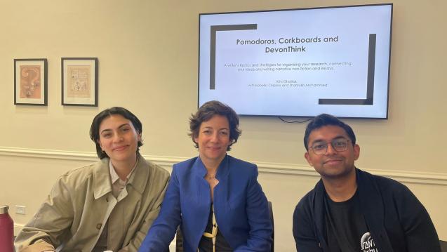 Kim Ghattas (center) with research assistants Isabella Crispino MIA ’24 and Mohammed Shahrukh MIA ’24.