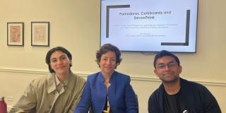 Kim Ghattas (center) with research assistants Isabella Crispino MIA ’24 and Mohammed Shahrukh MIA ’24.