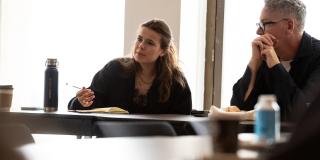Luisa Neubauer (left) and Adam Tooze (right) speak with Columbia students